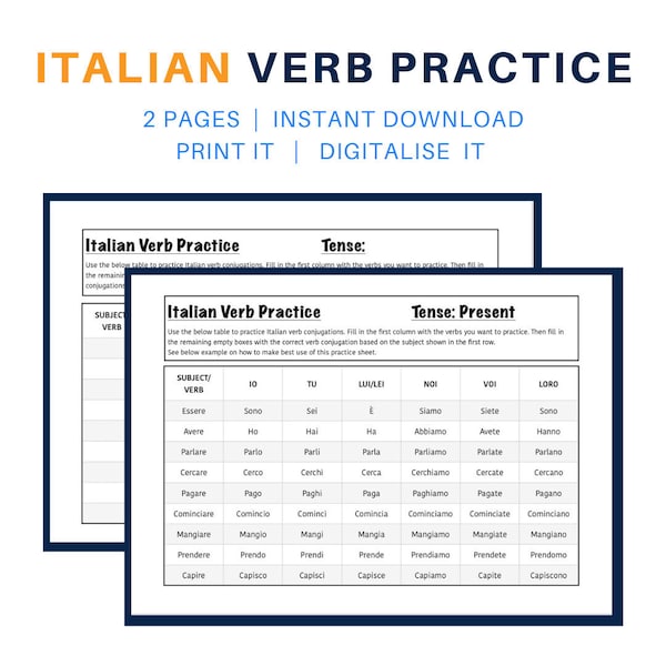 Italian Verb Conjugation Sheet Foreign Language Learning Worksheet Printable Digital Download Verbos