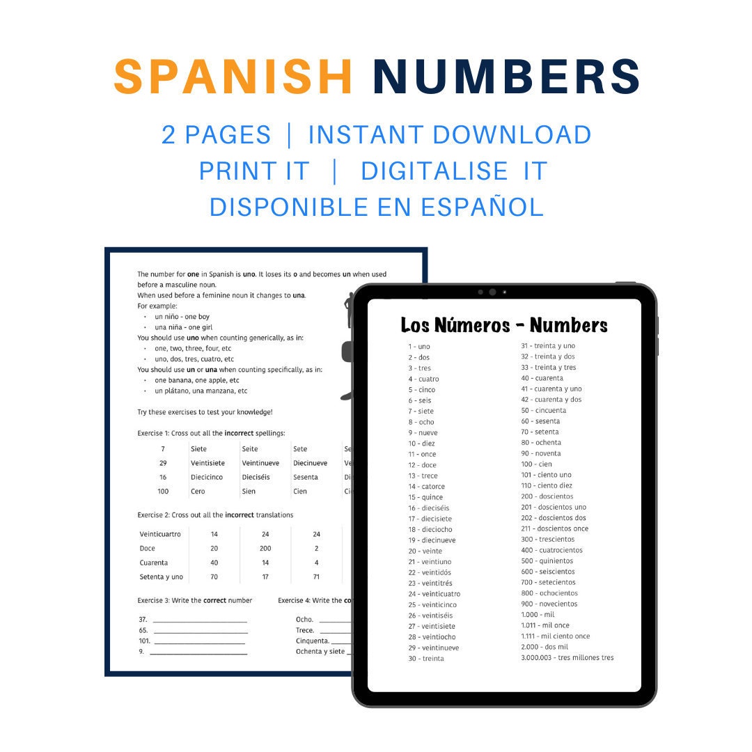 Spanish Number Guide & Worksheet Foreign Language Study Printables Digital Download Español Los Numeros