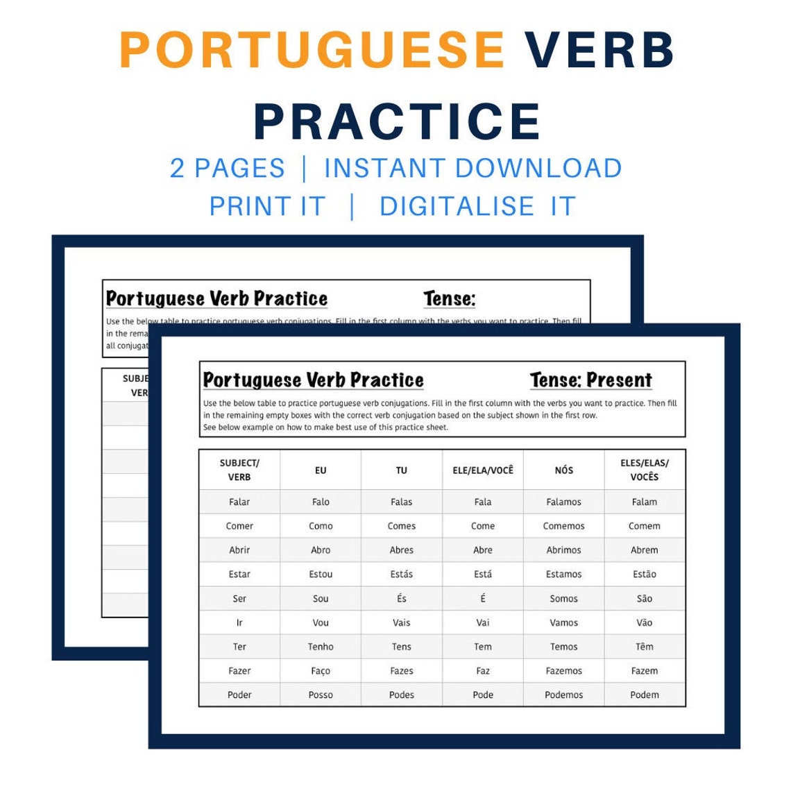 Portuguese Verb Conjugation Sheet Foreign Language Learning Etsy
