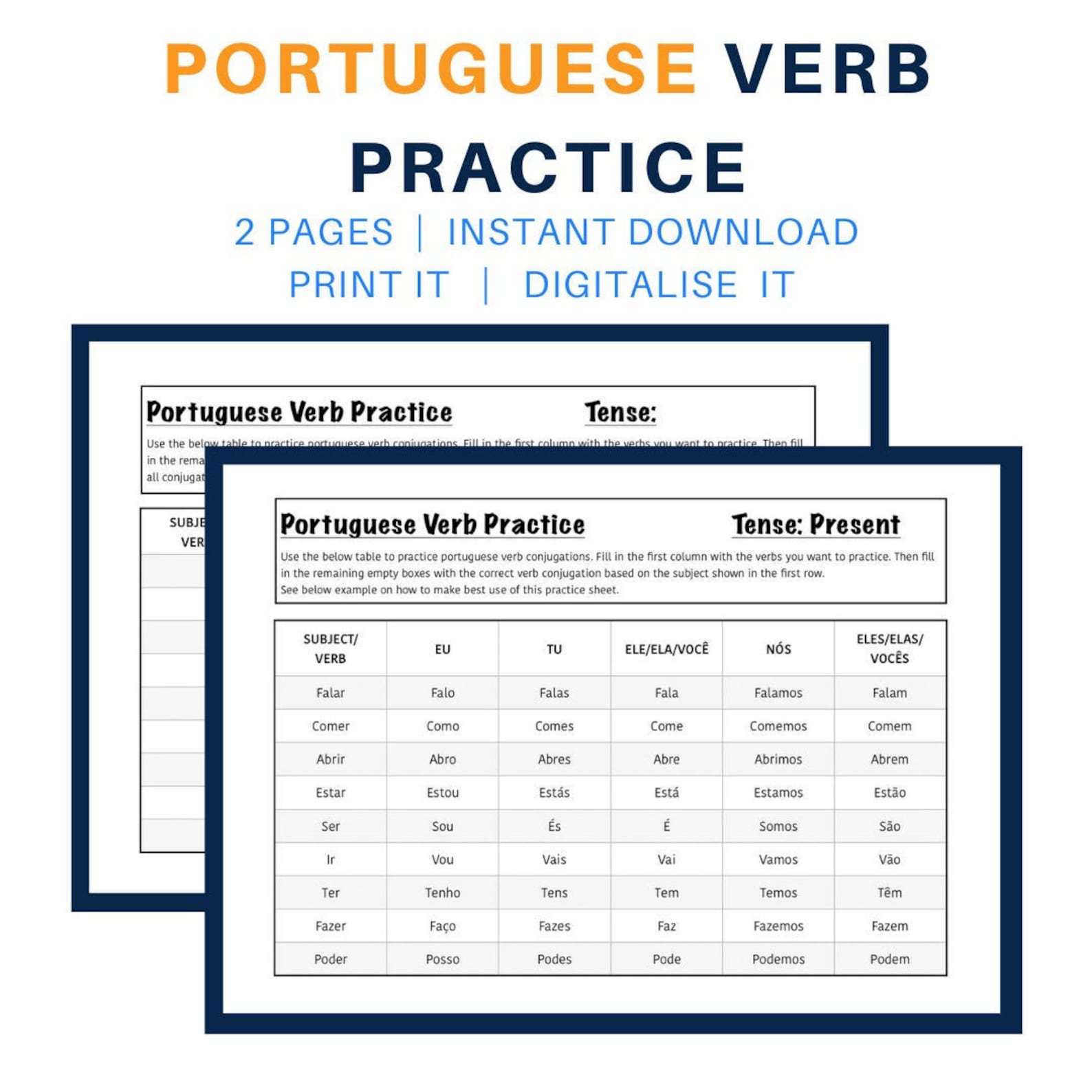 Portuguese Verb Conjugation Sheet Foreign Language Learning Etsy
