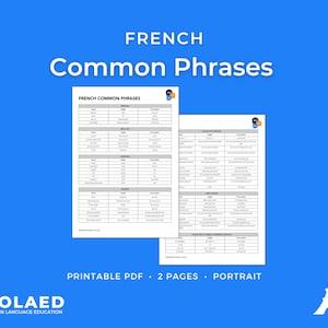 Könnte beinhalten: Druckbares PDF-Dokument mit zwei Seiten mit gängigen französischen Sätzen. Das Dokument trägt den Titel "French Common Phrases" und enthält englische Übersetzungen für jeden Satz. Das Dokument ist für Sprachlerner konzipiert.