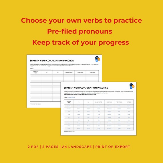 Spanish Verb Conjugation Sheet Etsy Australia