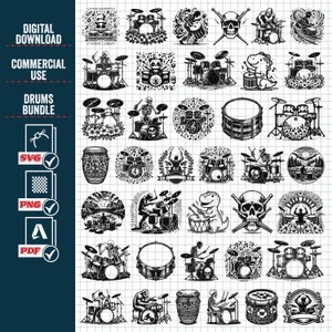 Paquete grande de SVG PNG de BATERÍA, monograma de batería, clipart de música, archivo svg de rock, vector de batería, svg de batería, diseño de camiseta, archivo de corte Cricut Silhouette