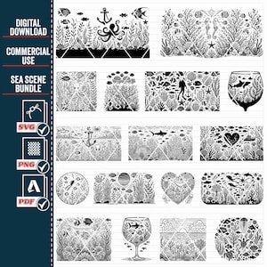 May include: A set of 15 black and white digital illustrations of various sea life scenes. The illustrations include a variety of sea creatures, such as fish, seahorses, jellyfish, and an octopus. The illustrations are perfect for creating crafts, scrapbooking, or other creative projects.