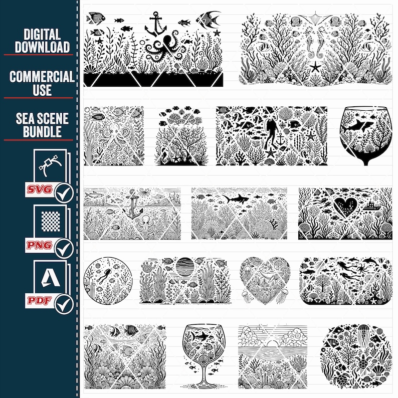 May include: A set of 15 black and white digital illustrations of various sea life scenes. The illustrations include a variety of sea creatures, such as fish, seahorses, jellyfish, and an octopus. The illustrations are perfect for creating crafts, scrapbooking, or other creative projects.