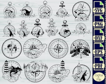 May include: A digital file set of 10 compass designs featuring a whale, waves, and a lighthouse. The designs are in black and white and are perfect for crafting projects.