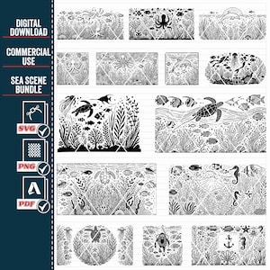 May include: A set of 12 black and white digital illustrations of various sea creatures and underwater scenes. The illustrations include an octopus, a turtle, a dolphin, a jellyfish, and various fish. The illustrations are perfect for creating crafts, cards, and other projects.