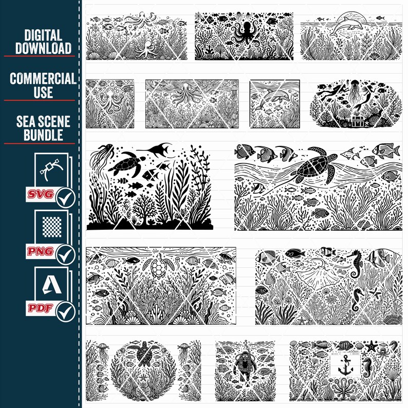May include: A set of 12 black and white digital illustrations of various sea creatures and underwater scenes. The illustrations include an octopus, a turtle, a dolphin, a jellyfish, and various fish. The illustrations are perfect for creating crafts, cards, and other projects.