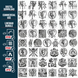 Könnte beinhalten: Ein Set mit 49 Schwarzweiß-Digitalillustrationen eines Linienarbeiters, der an Stromleitungen arbeitet. Die Illustrationen zeigen verschiedene Posen, Werkzeuge und Geräte. Die Illustrationen eignen sich perfekt für die Verwendung in einer Vielzahl von Projekten, wie z. B. T-Shirts, Tassen und Postern.