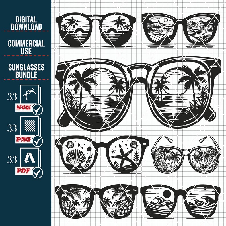 May include: A set of 6 black and white digital illustrations of sunglasses with different scenes reflected in the lenses. The scenes include palm trees, seashells, and ocean waves.