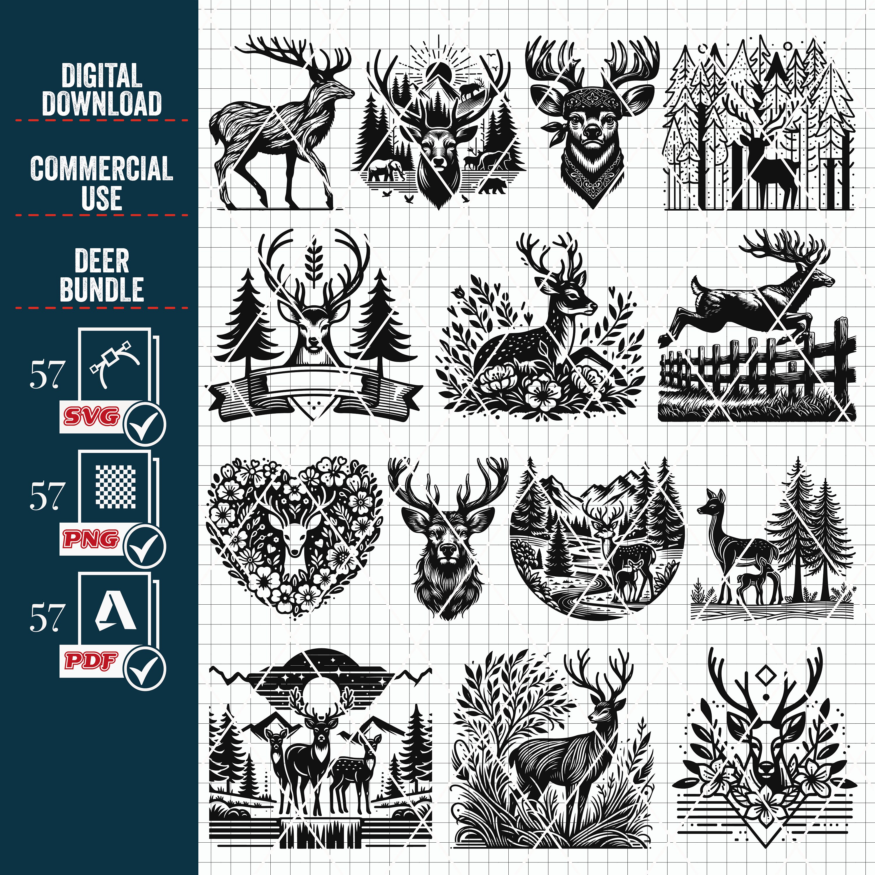 Floral Deer SVG PNG Mega Bundle, Forest Moose Cut Files (digital ...
