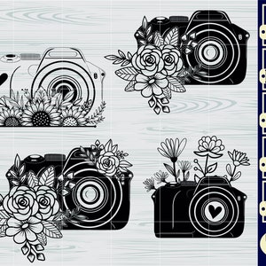 May include: Four black and white digital cut files of a camera with floral designs. The files are labeled SVG, PNG, DXF, and EPS. The files are for digital download only.