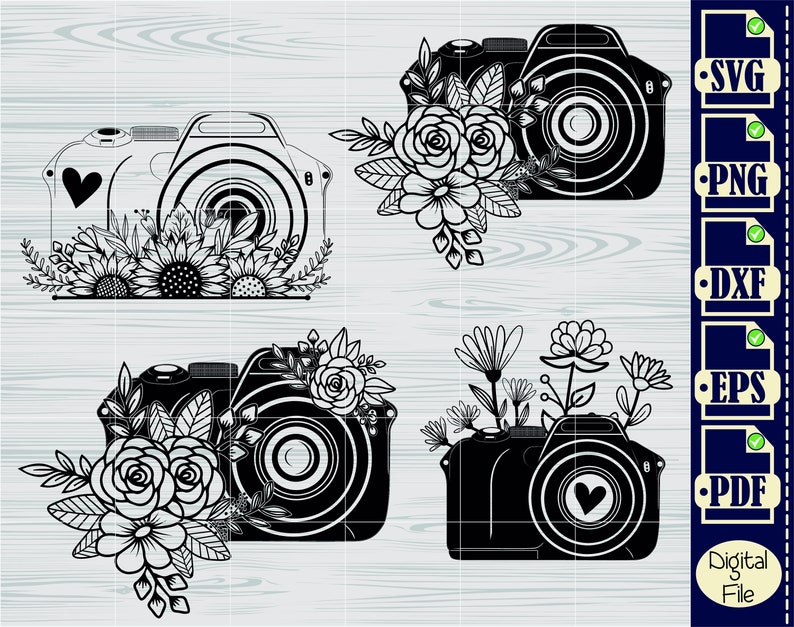 May include: Four black and white digital cut files of a camera with floral designs. The files are labeled SVG, PNG, DXF, and EPS. The files are for digital download only.