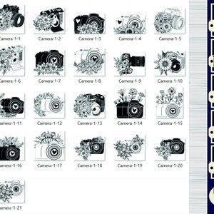 May include: A set of 21 black and white camera illustrations with floral accents. Each camera is surrounded by flowers and leaves. The illustrations are perfect for crafting projects, scrapbooking, and digital design.