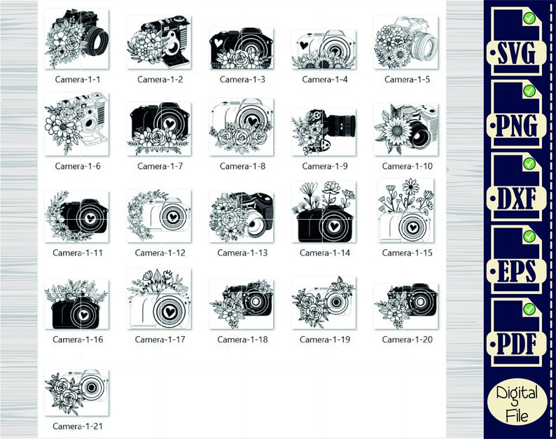 May include: A set of 21 black and white camera illustrations with floral accents. Each camera is surrounded by flowers and leaves. The illustrations are perfect for crafting projects, scrapbooking, and digital design.