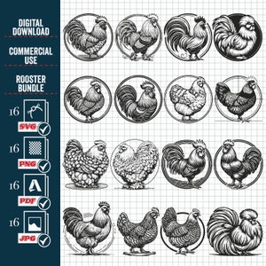 May include: A set of 16 black and white rooster illustrations. The roosters are in various poses, some with their wings spread, some with their heads held high, and some with their tails fanned out. The illustrations are in a vintage style and would be perfect for use in a variety of projects, such as scrapbooking, card making, or digital design.