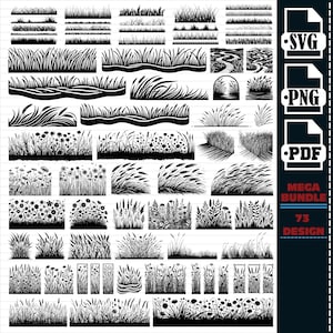 Könnte beinhalten: Ein Satz von 73 Schwarzweiß-Vektorillustrationen von Gras, Unkraut und Wildblumen. Die Illustrationen eignen sich perfekt zum Erstellen von Rändern, Hintergründen und anderen Designelementen.