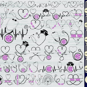 May include: A digital download of 25 black and white stethoscope designs. The designs feature a stethoscope in the shape of a heart, a stethoscope with a heartbeat line, and a stethoscope with a monogram. The designs are perfect for creating crafts, shirts, mugs, and other personalized items.