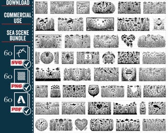 Pacchetto SVG PNG con scena marina, mondo sottomarino (download digitale)