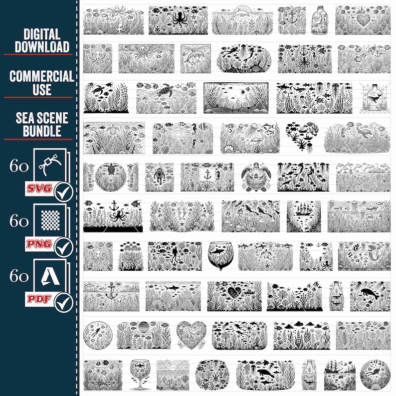 May include: A set of 60 black and white vector illustrations of various sea life and underwater scenes. The illustrations include seahorses, fish, jellyfish, starfish, seashells, anchors, and more. The illustrations are perfect for creating digital designs, crafts, and other projects.