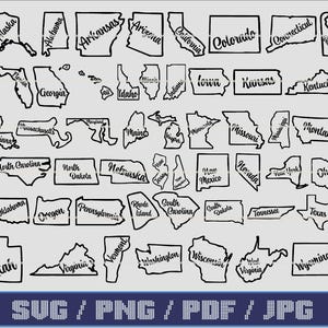 Pacote SVG de contornos de estados simples, nº 2, mapa dos estados americanos, formas individuais, Estados Unidos de corte, gravação ou impressão, png, design, cricut