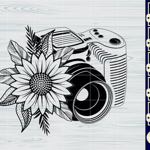 May include: Black and white silhouette of a camera with a sunflower and leaves. The camera has a lens and a viewfinder. The sunflower has a large center and many petals.
