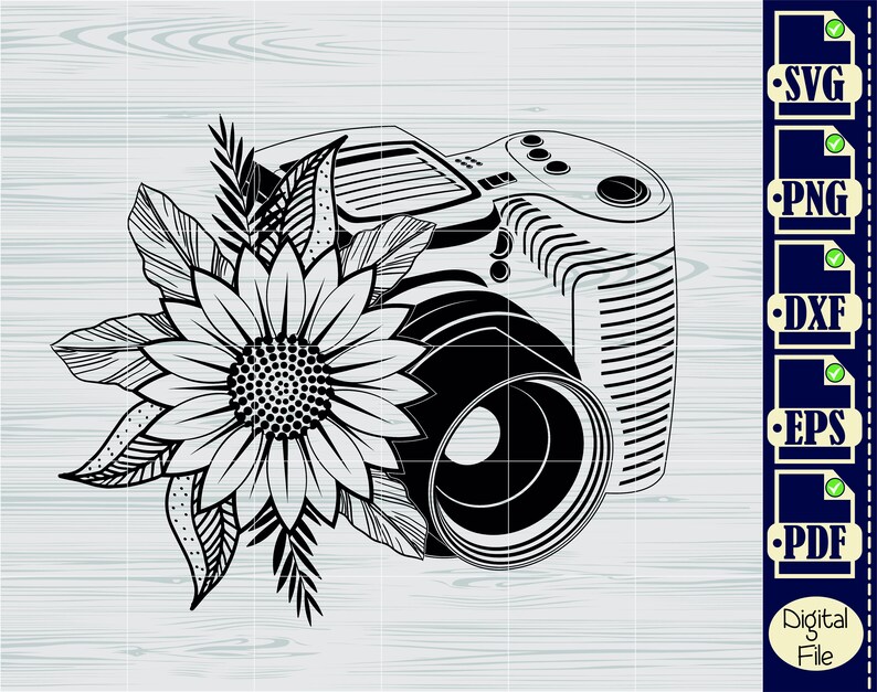 May include: Black and white silhouette of a camera with a sunflower and leaves. The camera has a lens and a viewfinder. The sunflower has a large center and many petals.