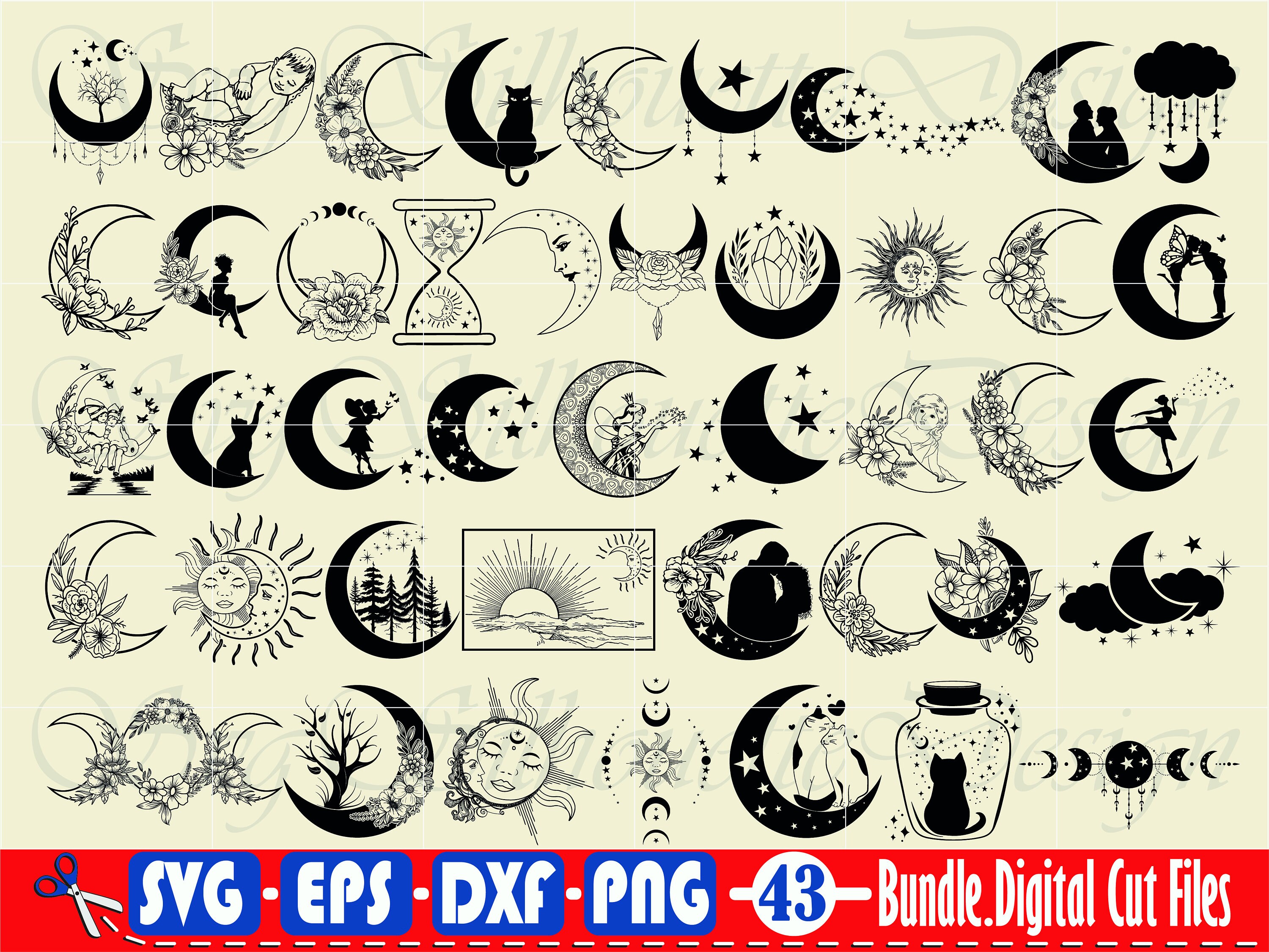 Flower Moon Svg 2 Crescent Moon Svg Flower Svg Floral Moon Etsy