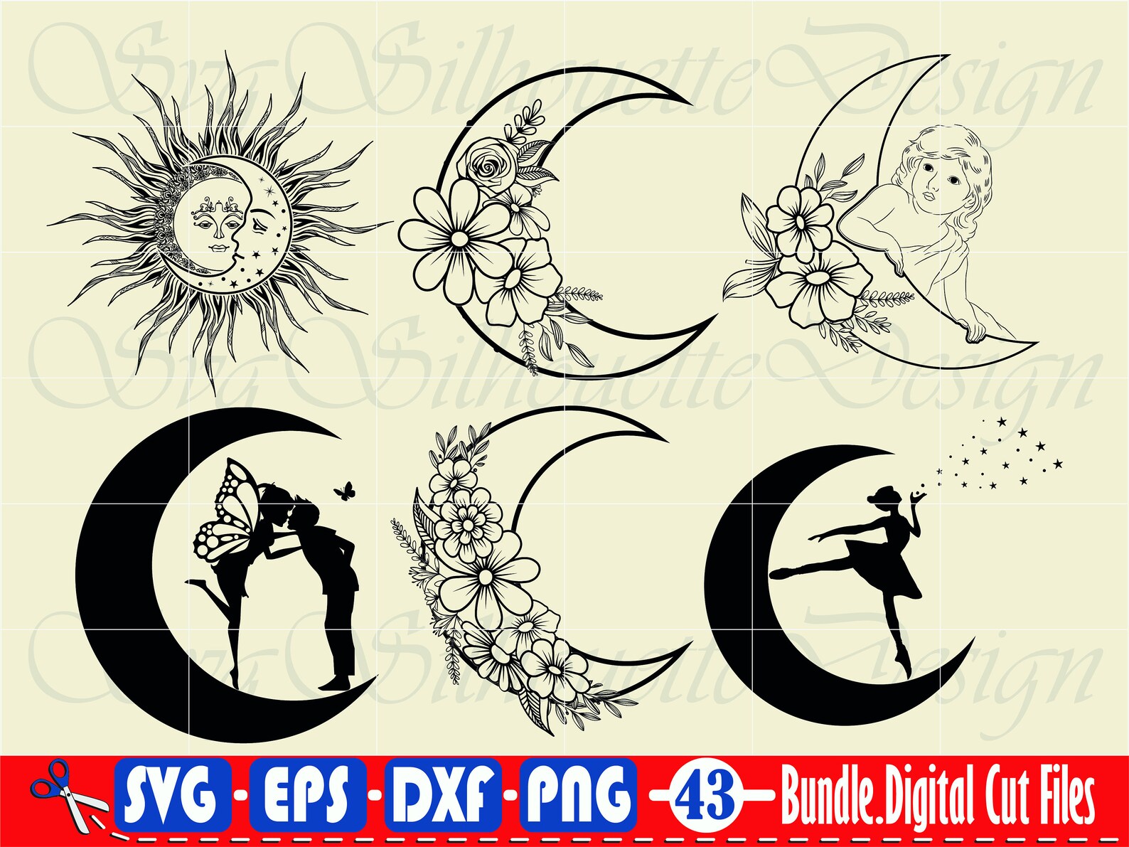 Flower Moon Svg 2 Crescent Moon Svg Flower Svg Floral Moon Etsy