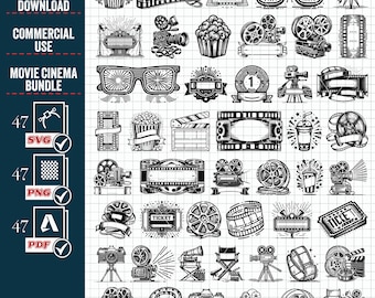 Pacote SVG de Cinema, Clip Art de Filme, Design de Filme Retro (Download Digital)
