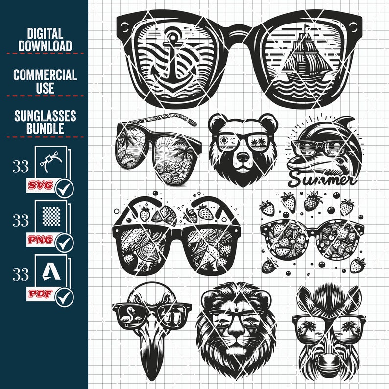 May include: A set of 9 black and white vector illustrations of sunglasses with different designs. The sunglasses feature various images inside the lenses, including an anchor, a sailboat, palm trees, strawberries, and a dolphin. The set also includes 3 animal heads wearing sunglasses: a bear, a lion, and a zebra.