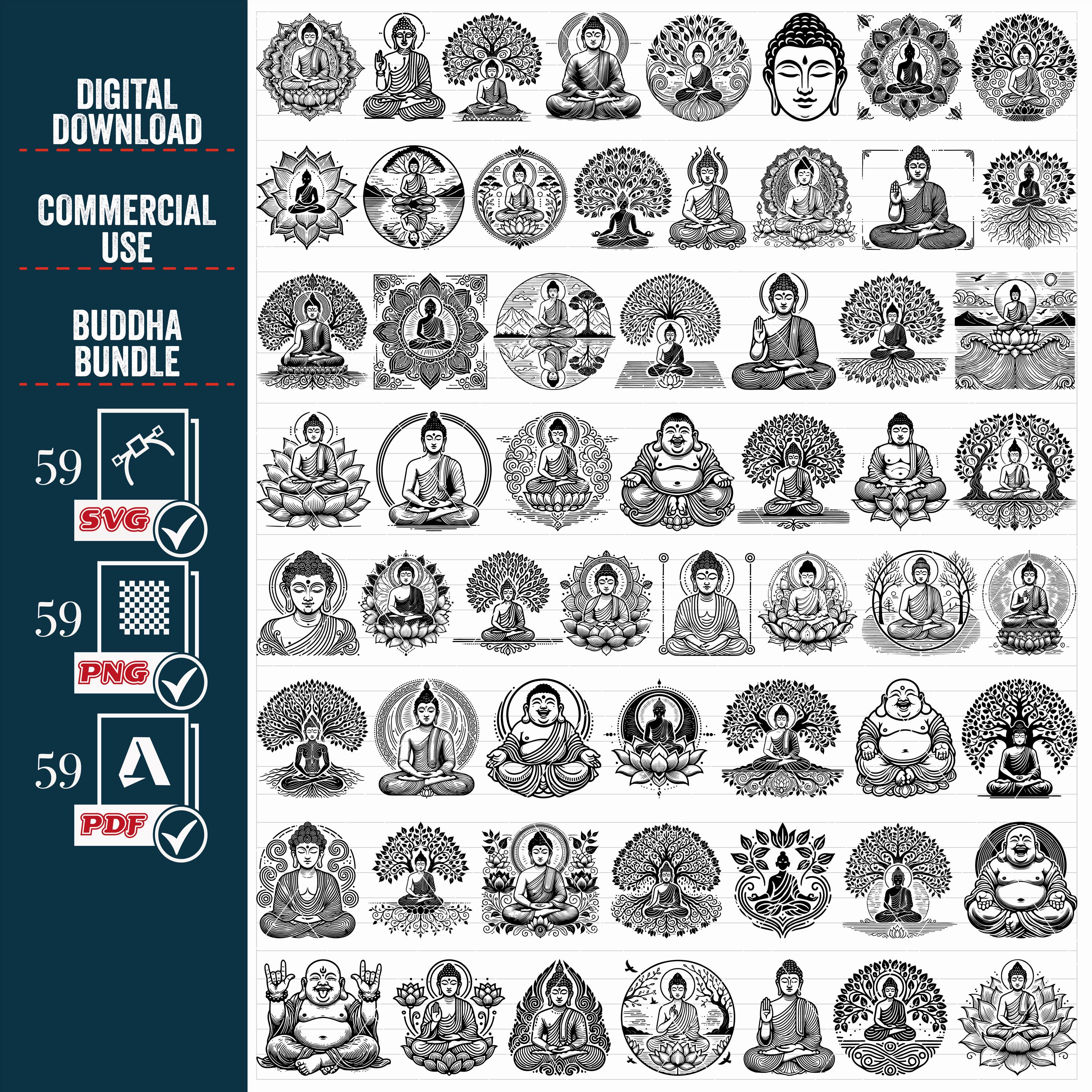 Buddha SVG Bundle, PNG, Buddhism Clipart, Hand Drawn Buddha Tree Vector Illustration, SVG Files For Laser Engraving, Commercial use, Vector,
