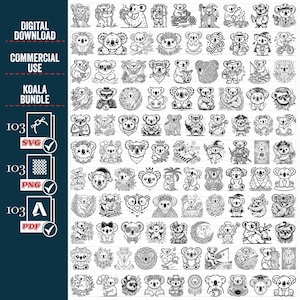 Peut inclure: Un ensemble de 103 illustrations de koalas en noir et blanc. Les koalas sont représentés dans diverses poses et activités, notamment en train de manger, de dormir, de jouer et de se détendre. Les illustrations sont parfaites pour une utilisation dans des projets numériques, tels que la conception de sites Web, les graphiques de médias sociaux et les designs imprimables.