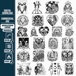 Puede incluir: Un paquete de descarga digital de 24 ilustraciones de parejas de esqueletos en blanco y negro. Las ilustraciones presentan esqueletos en varias poses, incluyendo bailando, tom&aacute;ndose de la mano y bes&aacute;ndose. El paquete incluye archivos SVG, PNG y PDF.
