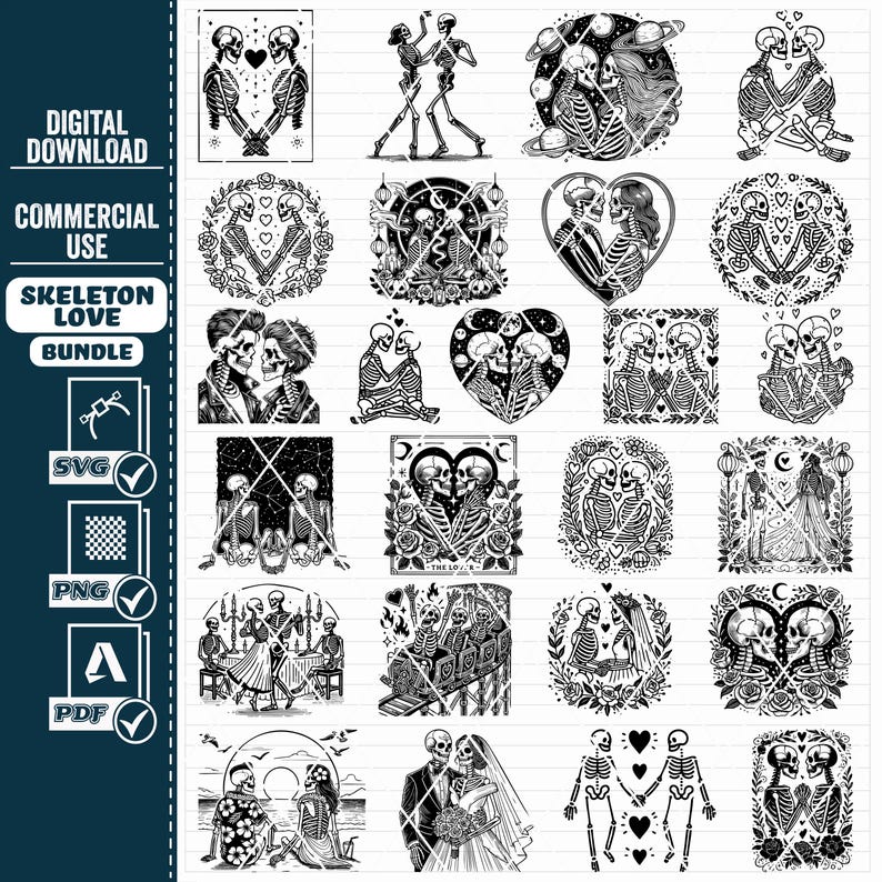 Puede incluir: Un paquete de descarga digital de 24 ilustraciones de parejas de esqueletos en blanco y negro. Las ilustraciones presentan esqueletos en varias poses, incluyendo bailando, tom&aacute;ndose de la mano y bes&aacute;ndose. El paquete incluye archivos SVG, PNG y PDF.