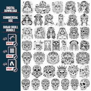 SUGAR SKULL SVG Png Großes Bundle, Florale Frau Zuckerschädel SVG, Schädel Clipart, Mexikanischer Schädel svg, Schädel svg Dateien für Cricut, Vektor, Digital,