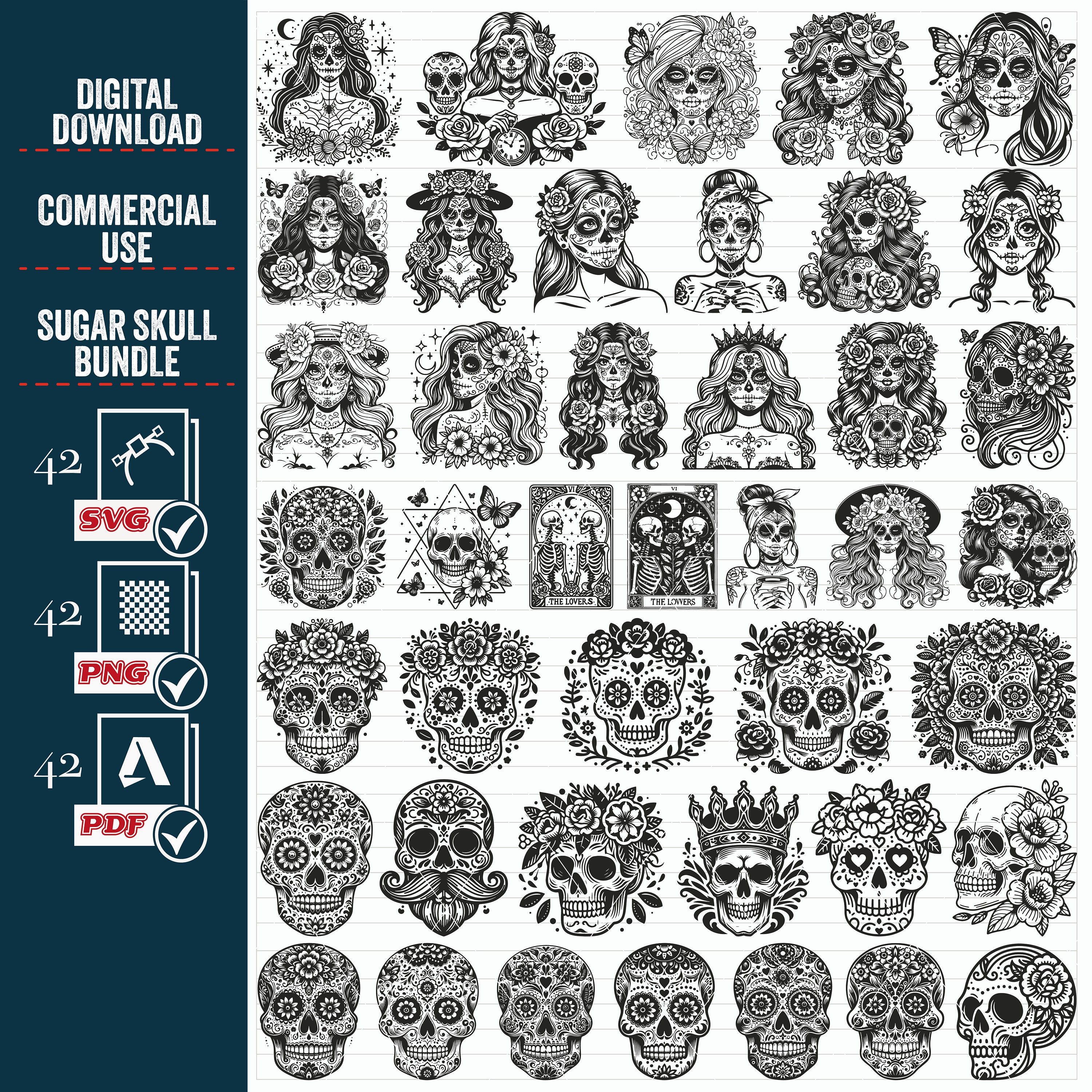 SUGAR SKULL Svg Png Big Bundle, Floral Woman Sugar Skull SVG, Skull Clipart, Mexican Skull svg, Skull svg files for cricut, Vector, Digital,