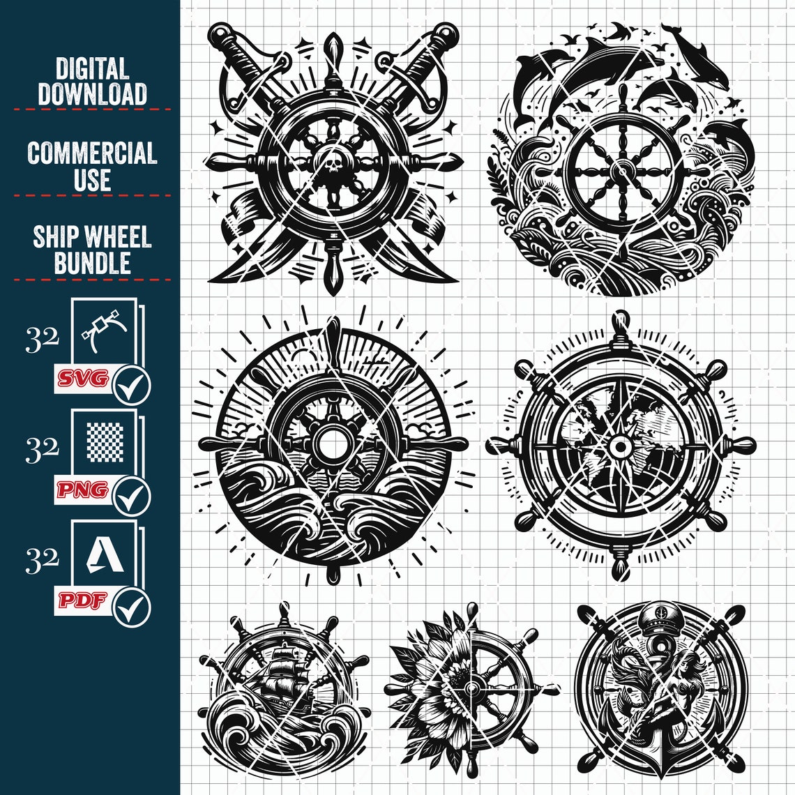 Svg Rounds Nautical Ship Wheel SVG Bundle, Floral & Nautical Designs (digital Files) - Etsy