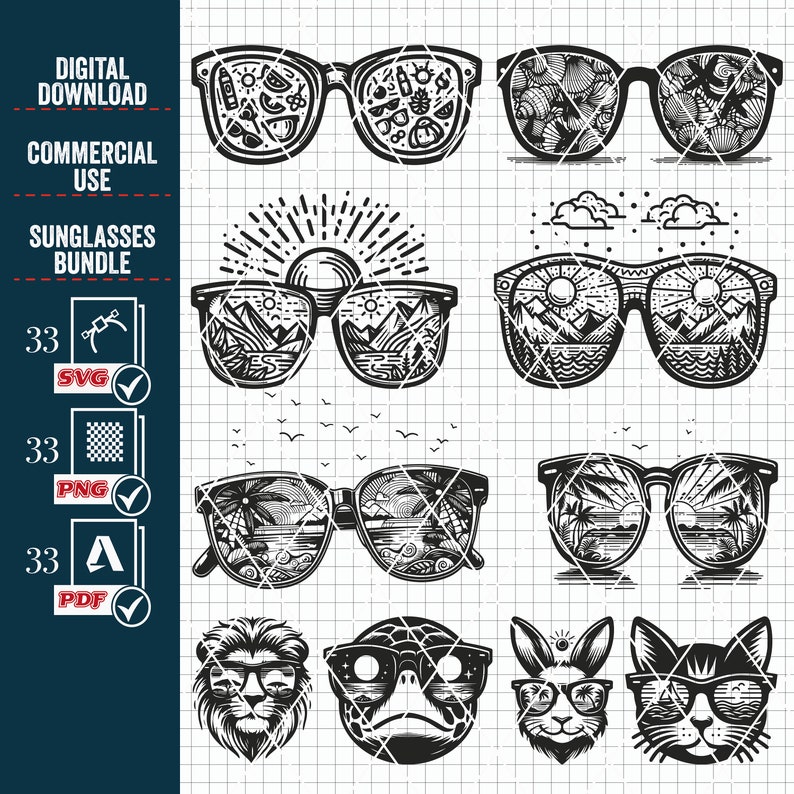 May include: A set of 10 black and white digital illustrations of sunglasses with various designs. The sunglasses feature different scenes reflected in the lenses, including a beach, mountains, and a lion's face.