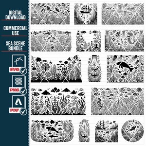 May include: A set of 10 black and white digital illustrations of various sea life scenes. The illustrations include a ship sailing on the ocean, a bottle with a fish inside, a mermaid, and various sea creatures. The illustrations are perfect for creating crafts, scrapbooking, or other creative projects.