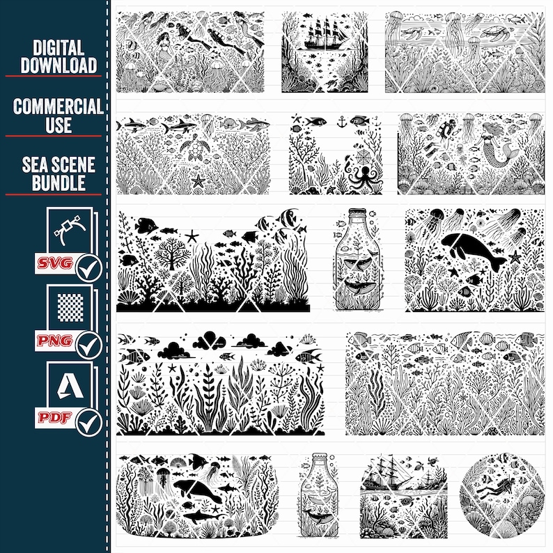 May include: A set of 10 black and white digital illustrations of various sea life scenes. The illustrations include a ship sailing on the ocean, a bottle with a fish inside, a mermaid, and various sea creatures. The illustrations are perfect for creating crafts, scrapbooking, or other creative projects.
