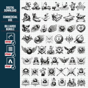 BILLIARDS POOL Players Designs Mega Bundle, pliki do cięcia logo bilardowego, bilard Cricut, bilard, bilard SVG, cyfrowe pliki do druku w formacie PNG, wektor,