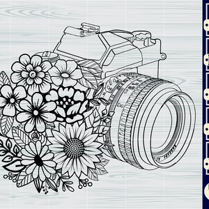 May include: Black and white line art illustration of a camera with a large lens and a bouquet of flowers in front of it. The camera is drawn in a realistic style, with details like the lens aperture and the camera body. The flowers are drawn in a more stylized way, with large petals and leaves. The image is set against a wood grain background.