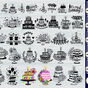 Bolo de Aniversário SVG, Bolo de Feliz Aniversário SVG, Clipart de Bolo de Aniversário, Arquivos de Corte para Silhouette, Arquivos para Cricut, Vetor, Svg, Dxf, Png, Design