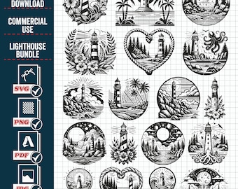 Floral Lighthouse SVG Bundle, Sea Vector Clipart (Digital Download)