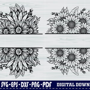Split Sunflower SVG, Monogram SVG, Half Sunflower Clipart, Split Flower ...