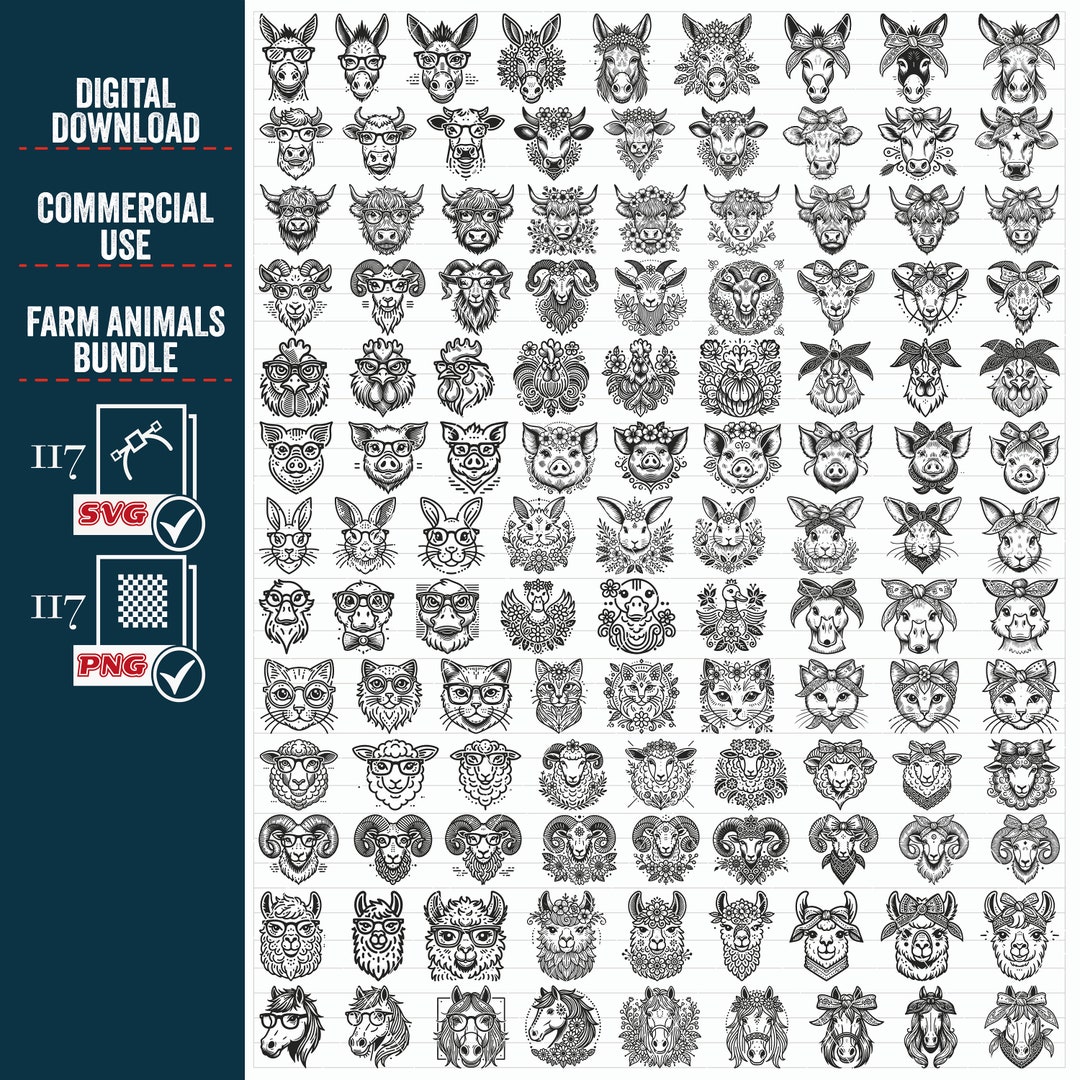 FARM ANIMALS SVG Png Mega Bundle, Clipart, Vector, Cut File, Bandana ...