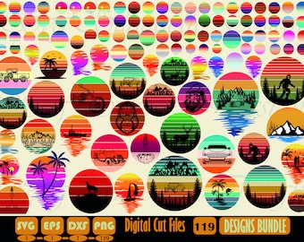 Retro zonsondergang png-bundel, tropische strandpalm (digitale download)