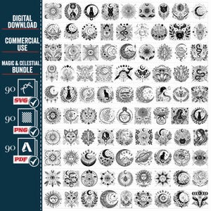 Bundle Png magique et céleste, vecteur, clipart, Design, sorcière svg, Svg mystique, soleil, phase lunaire svg, coupé pour Cricut, Pdf