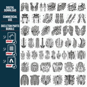 Könnte beinhalten: Ein Set mit 51 Schwarzweiß-SVG-, PNG- und PDF-Digitaldownloads verschiedener Skelettteile, darunter Hände, Füße, Schädel, Rippen, Wirbelsäulen und Becken. Jedes Teil ist mit floralen Details verziert.